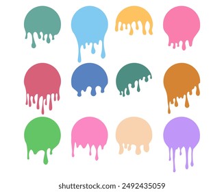 Set of colorful drips circle labels. Paint drip stickers. Current liquid and paint flows. Inkblot. Vector illustration