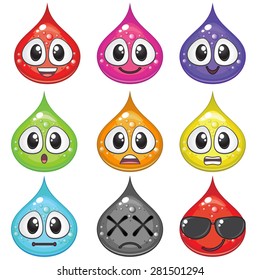 Set of colorful drops with different emotions for game design