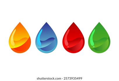 set of colorful drops of water. red, orange, blue and green drops liquid