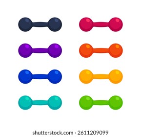Set of colorful dumbbells in different colors and weights. Fitness, workout, gym equipment, strength training concept. Flat vector illustration isolated on white background