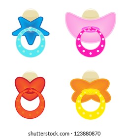 set of colorful dummy (or pacifier) on white.