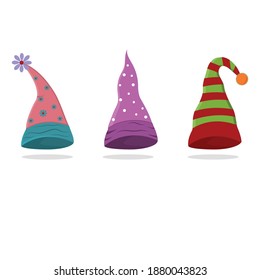A set of colorful dwarf hats. Color vector illustration in the style of flat, clipart, design, decoration, paper scrapbooking