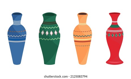 set of colorful earthenware with ornament