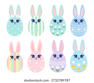Conjunto de coloridos huevos de conejo de Pascua con patrones, flores y polluelos. Personajes de conejo kawaii para diseños de vacaciones de primavera.