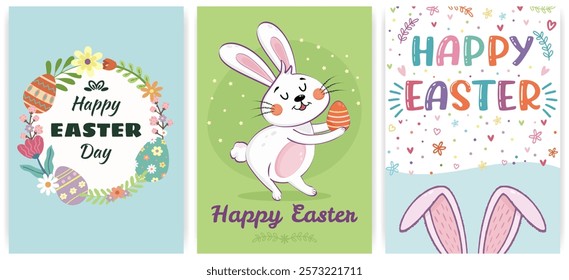 Set of colorful Easter cards with bunny character holding egg, decorative flowers, and festive text. Perfect for holiday greeting, celebration, banner, cover or social media post. Vector illustration