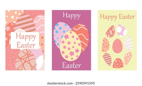 Set of Colorful Easter Cards With Decorative Eggs and Greeting Text. A collection of three Easter greeting cards featuring vibrant patterns, festive decorative eggs, and cheerful Happy Easter text