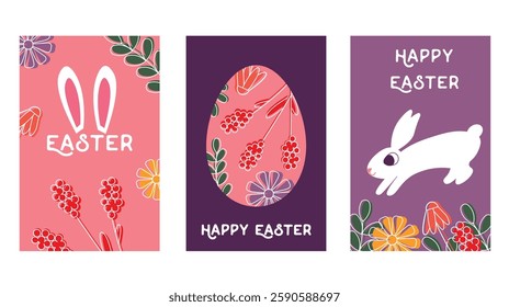 Set of Colorful Easter Cards Featuring Bunny, Eggs, and Floral Designs. Stylish Easter greeting cards with vibrant floral patterns, bunnies, and decorative eggs. Perfect for seasonal celebrations