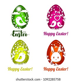 Set of colorful Easter eggs with beautiful decor in the style of paper art. Vector illustration isolated on white background.