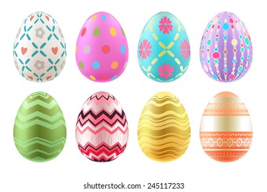 Set of colorful Easter eggs in bright colors. Realistic eggs, decorated with waves, dots, lines and flowers.