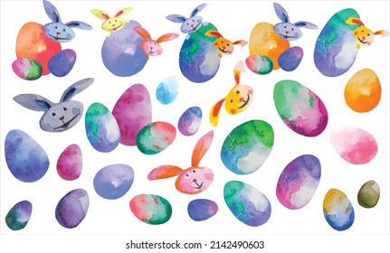 set of colorful Easter eggs and Easter bunnies, watercolor illustration