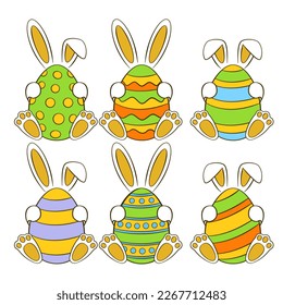 Set of colorful Easter eggs with bunnies. Cartoon. Vector illustration. Isolated on white background