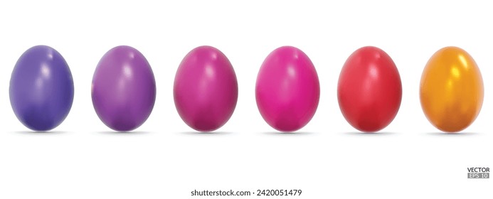 Colocar colorida colección de huevos de Pascua sobre fondo blanco. Ilustración aislada del vector 3D. Para web, banners, tarjetas de felicitación, afiches, envoltura