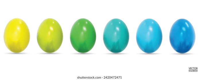 Colocar colorida colección de huevos de Pascua sobre fondo blanco. Ilustración aislada del vector 3D. Para web, banners, tarjetas de felicitación, afiches, envoltura