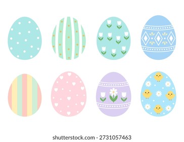 Conjunto de coloridos huevos de Pascua con lindos patrones, flores y polluelos sobre fondo blanco
