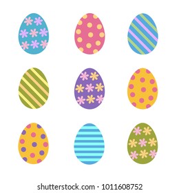 set of colorful easter eggs decorated stripes, dots and flowers, flat vector icon