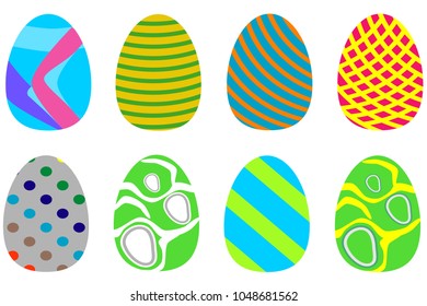 Set of colorful easter eggs decorated stripes, dots, flat vector icon.