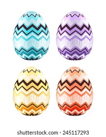 Set of colorful Easter eggs decorated with zigzag pattern. Realistic illustration. Blue, purple, yellow and orange.