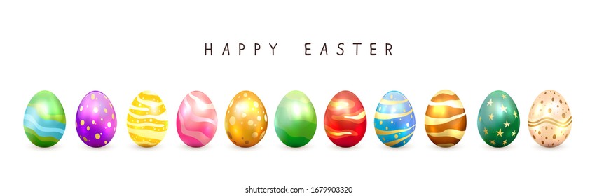Set of colorful Easter eggs with decorative patterns isolated on white background. Lettering Happy Easter with realistic eggs. Illustration can be used for holiday design, decoration or greeting card.