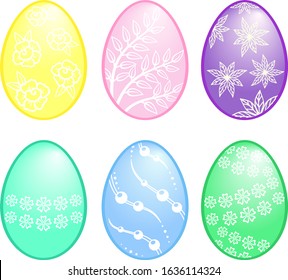 Set of colorful Easter eggs with different white pattern on a white background. Vector decorative elements for Happy Easter design, holiday greeting card, banner, flyer and label. Spring holiday