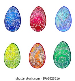 Set of Colorful Easter Eggs with Different Texture for Greeting Card with Swirls Pattern. Vintage Decoration, Logo Symbol