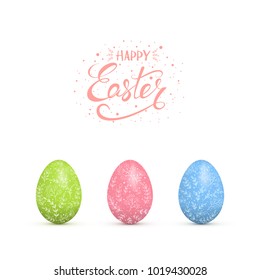 Set of colorful Easter eggs with floral decorative patterns, isolated on white background. Lettering Happy Easter, illustration.