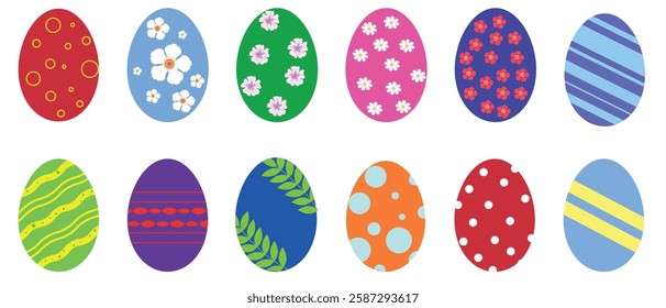Set of colorful Easter eggs with floral, striped, polka dot, and abstract patterns on a white background for decoration.