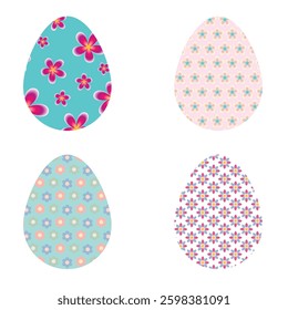 Set of colorful easter eggs with floral pattern on white background