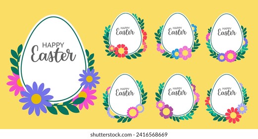 Set of Colorful Easter eggs in frames template with flowers. Vector elements illustration