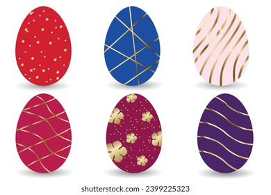 Set of colorful Easter eggs with gold decorations. Festive Easter content. Vector illustration.