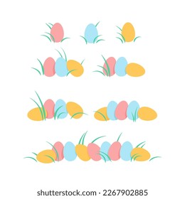 Set of colorful Easter eggs with grass