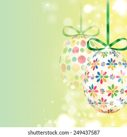 Set of colorful Easter eggs with green ribbons