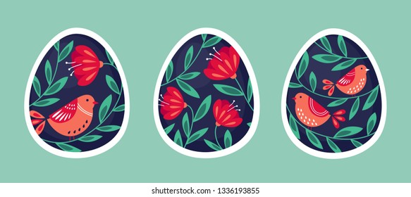 Set of colorful Easter eggs icon with folk pattern, vector isolated illustration