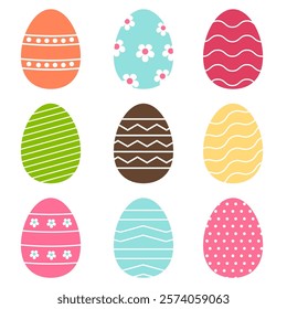 Set of colorful easter eggs isolated on white background.Collection of vivid egg vector graphic illustration.