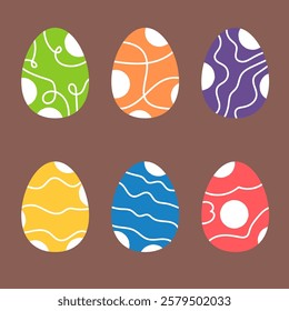 Set of colorful easter eggs isolated on brown background.Collection of vivid egg vector graphic illustration.