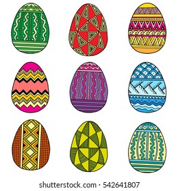 Set of colorful easter eggs isolated on white background. Hand-drawn vector elements with ornament for greeting card design
