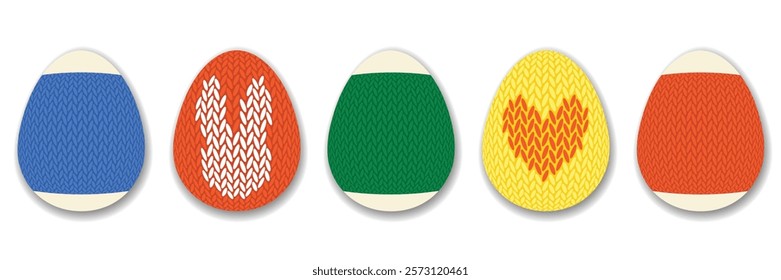 Set of colorful Easter eggs in knitted texture. Vector illustration on Easter theme for decorating gifts, cards, banners, packaging.