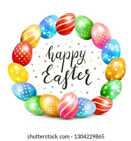 Set of colorful Easter eggs with lettering Happy Easter on white background, illustration.