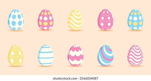  Set of colorful Easter eggs. Multicolored vector beautiful Easter eggs