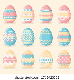Set of colorful easter eggs on a light background. Easter vector collection in flat design.