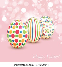 Set of colorful Easter eggs on shiny background.Easter greeting card with color eggs