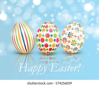 Set of colorful Easter eggs on shiny background.Easter greeting card with color eggs