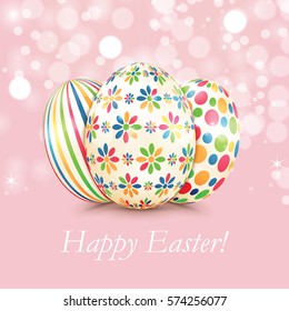 Set of colorful Easter eggs on shiny background.Easter greeting card with color eggs