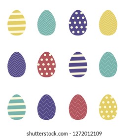 Set of colorful Easter eggs with ornaments. Red, purple, yellow and green eggs painted with dots, zigzags and lines. Spring festive traditional egg hunt symbol.