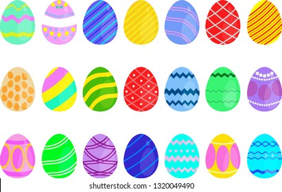 Set of colorful Easter eggs with ornaments. Spring. Holidays in April. Gift. Seasonal celebration. Concept of Happy Easter. Vector illustration of Easter eggs collection on a white background.