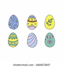 Juego de coloridos huevos de Pascua con adornos. Huevo con un patrón Doodle.