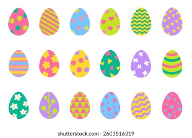 Set of colorful Easter eggs. Painted eggs with a pattern. Vector illustration.