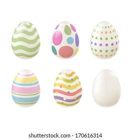 Set of colorful Easter eggs in pale colors. Realistic eggs, decorated with waves, dots, lines.