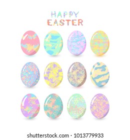 Set of colorful Easter eggs with pastel colors patterns. Happy Easter eggs. Elements for holiday design. Vector Illustration.
