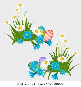 Set of colorful Easter eggs with patterns isolated on gray background. Vector cartoon close-up illustration.