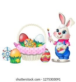 Set of colorful Easter eggs with patterns and funny animated bunny holds in paws brush isolated on white background. Vector cartoon close-up illustration